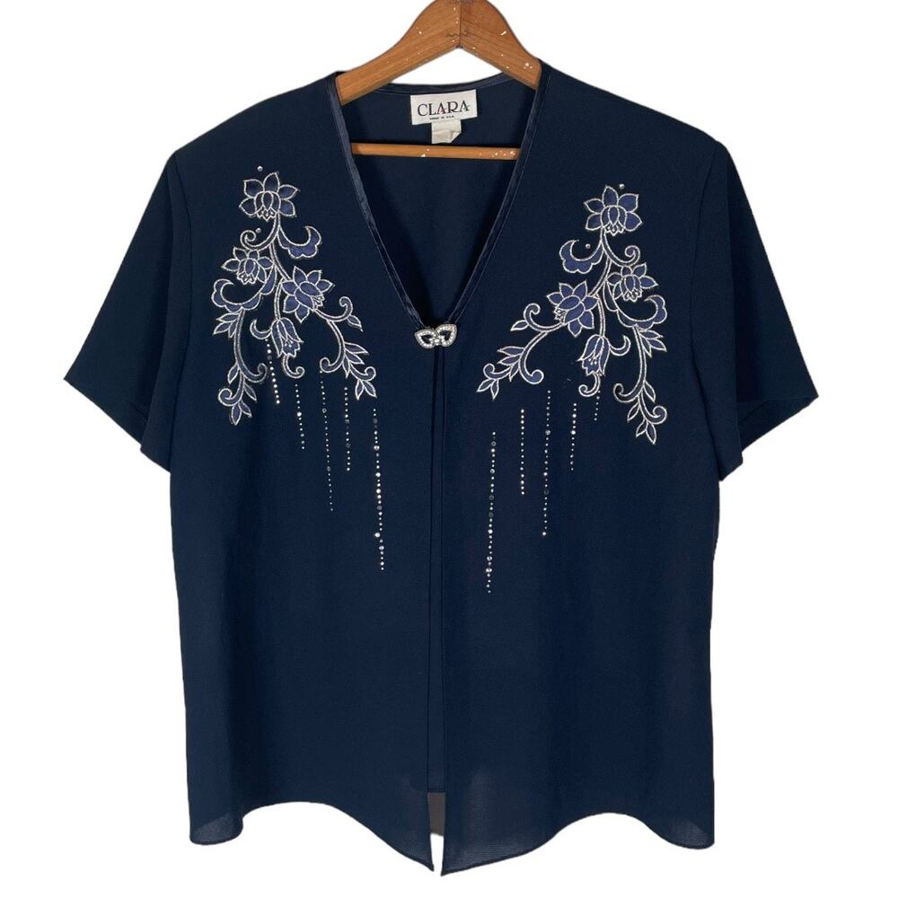 CLARA Navy Floral Patchwork Embroidery Rhinestone Closure Open Blouse   Size: XL